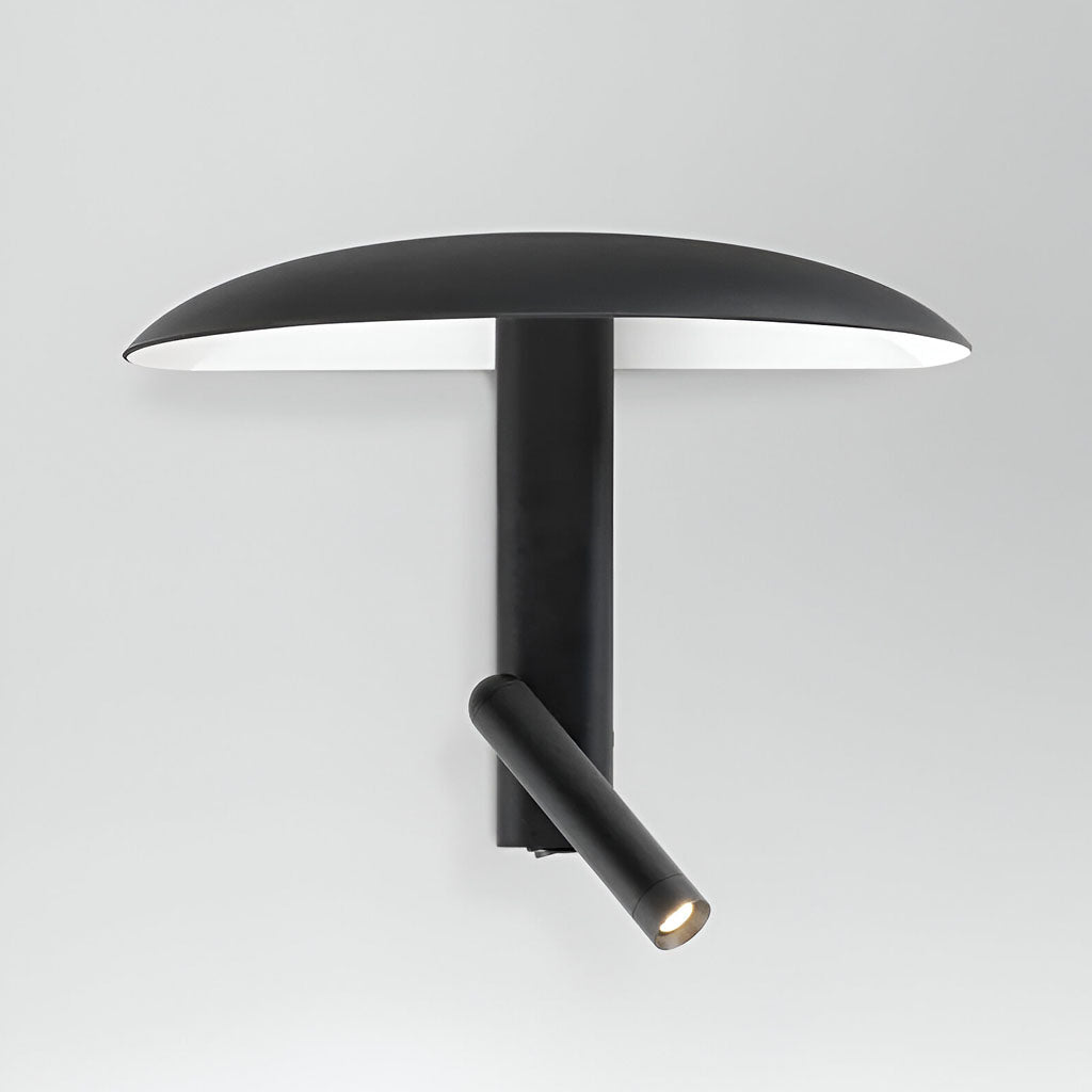 Minimal wall lamp design with 360° adjustable ambient lighting in black steel for living room, bedroom, or hallways.