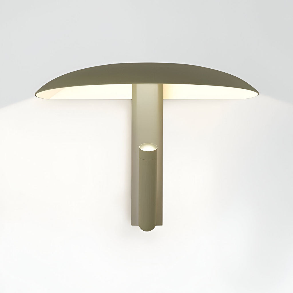 Minimal wall lamp design with 360° adjustable ambient lighting in green steel for living room, bedroom, or hallways.