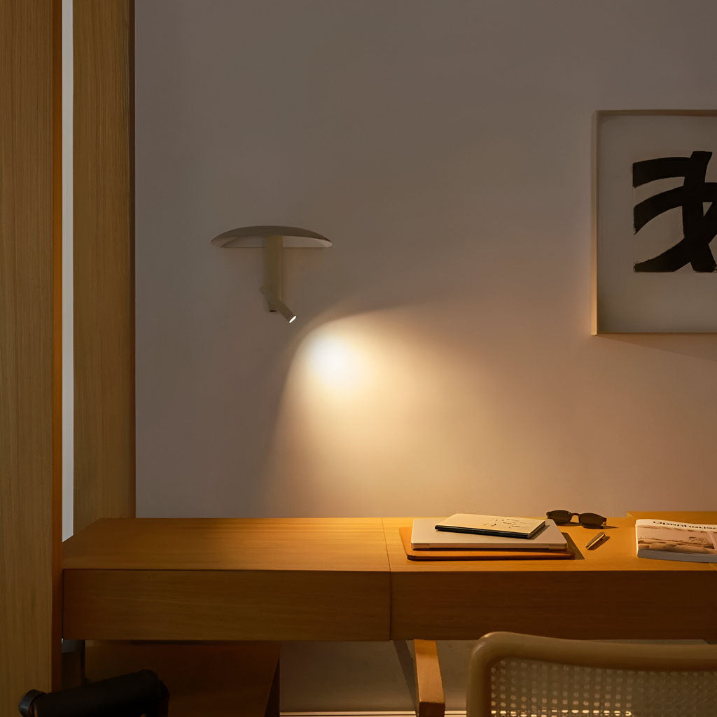 Unique wall light 360° adjustable ambient lighting in white steel for study and office.