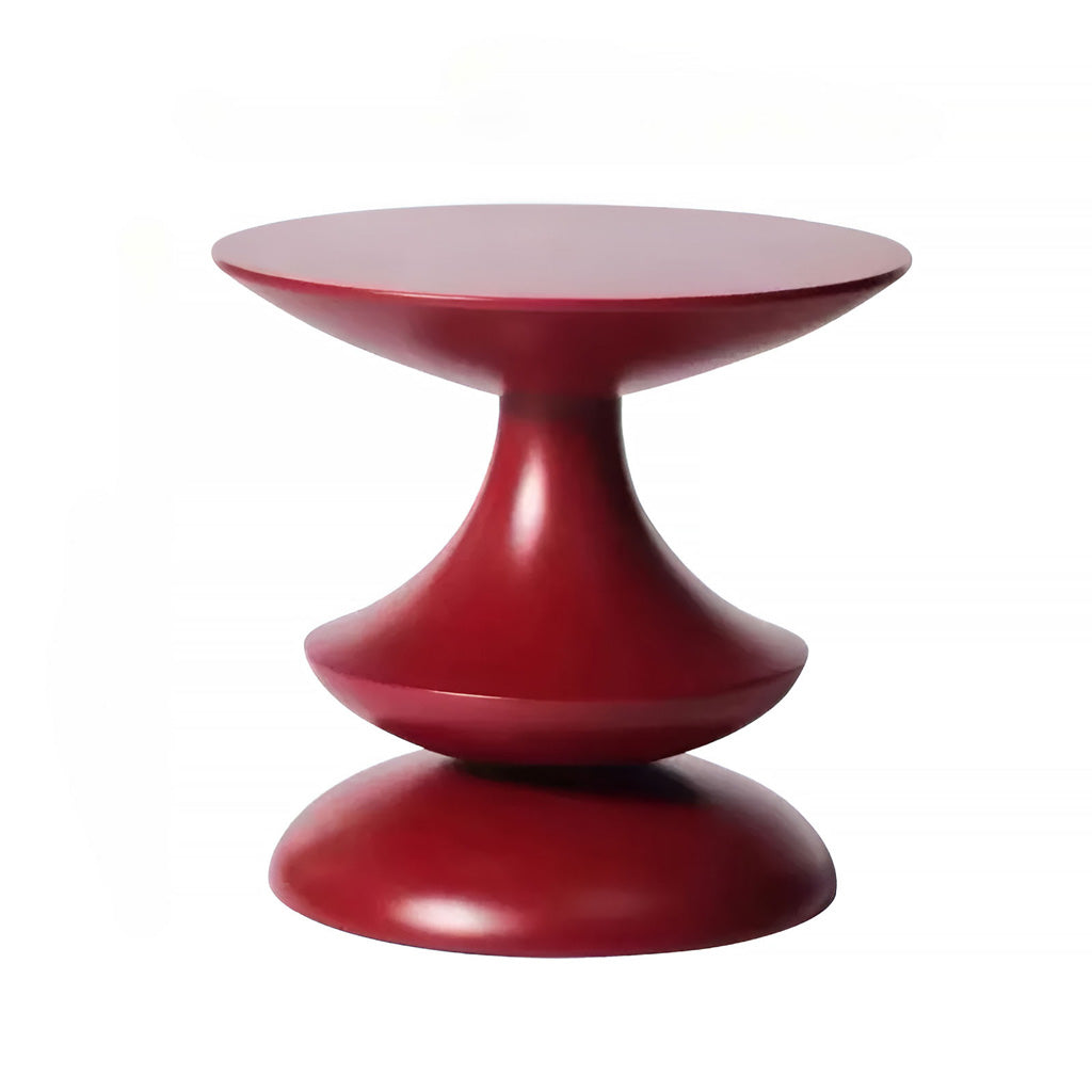 Unique and elegant round top side table in deep red maroon made from fiberglass
