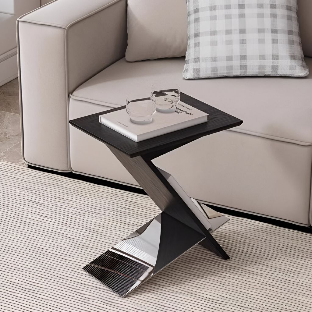 Modern minimalist accent table with metal detail crafted in solid wood, available in black or brown.