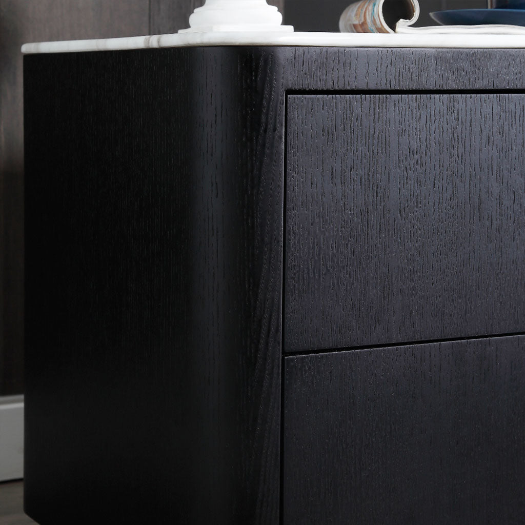 Milton Bedside Table Black Wood and White Marble Close Up