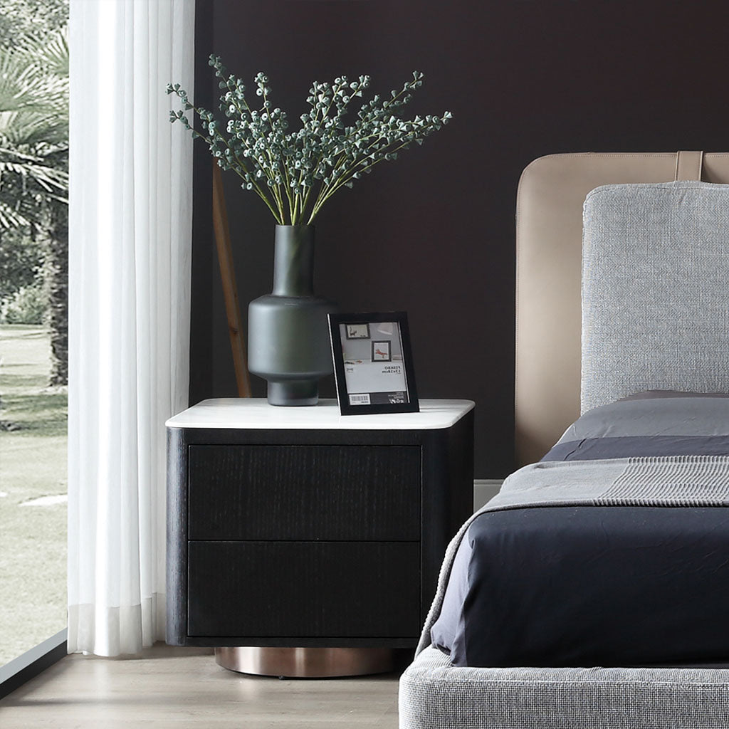 Milton Bedside Table Black Wood and White Marble 