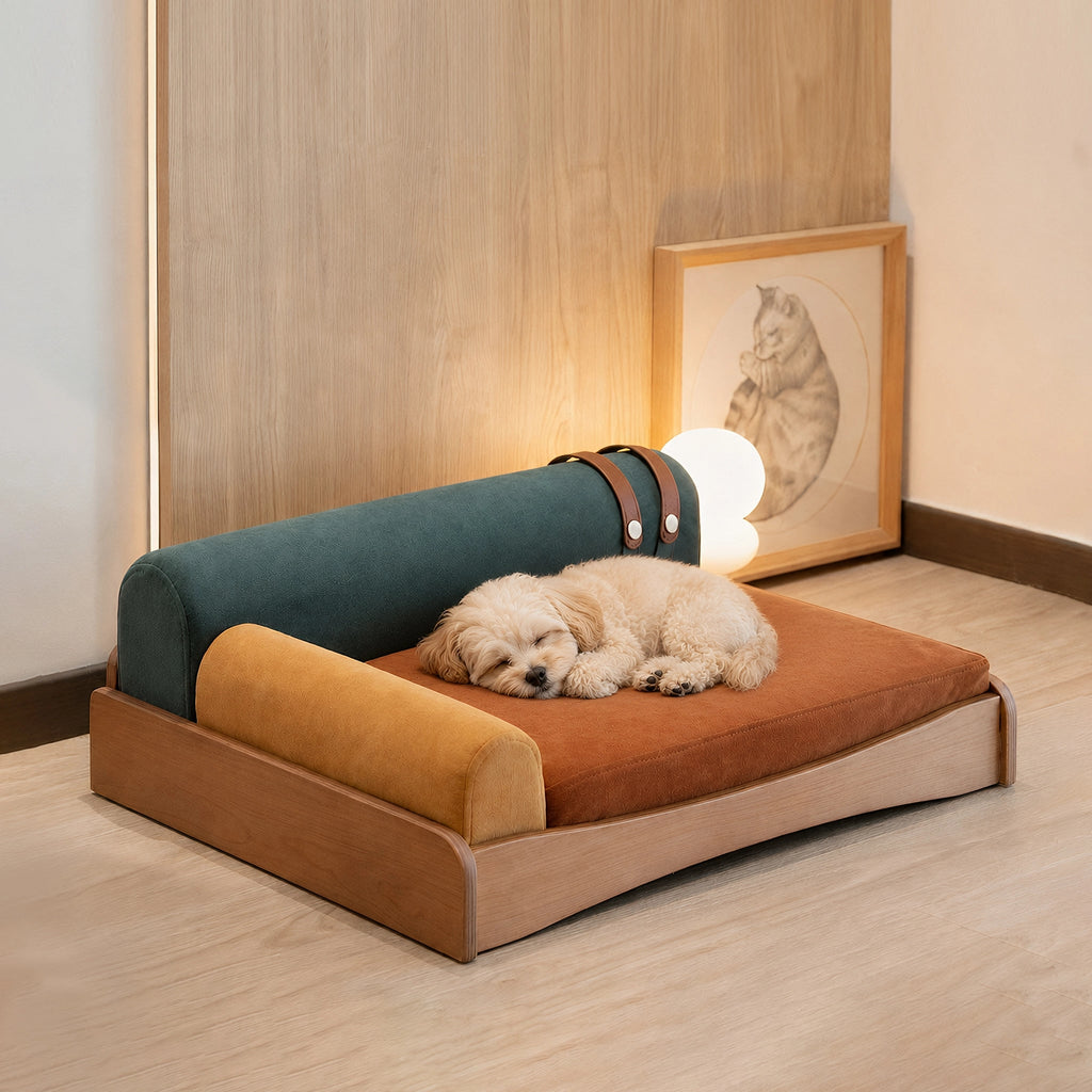 Modern pet modular bedding featuring playful geometric silhouette warm earthy colours birchwood Tri Tone