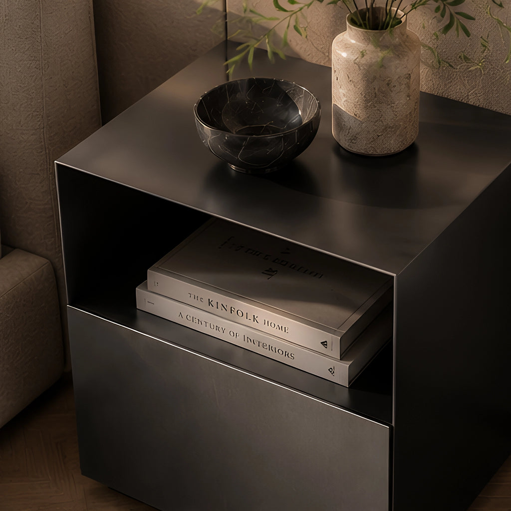 Monolith Bedside Table Matte Carbon Steel Bedroom Boxy Shape Close Up