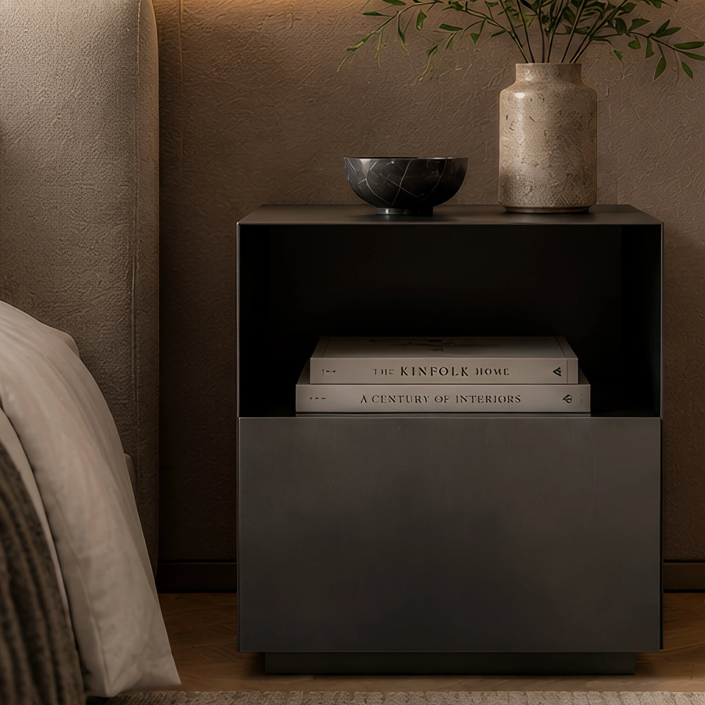 Monolith Bedside Table Matte Carbon Steel Bedroom Boxy Shape
