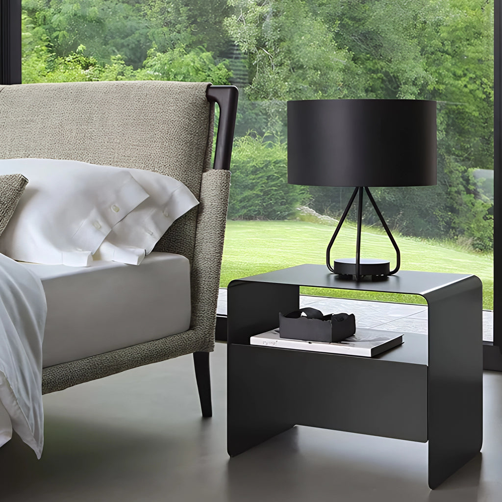 Monolith Bedside Table Matte Curved Carbon Steel Bedroom