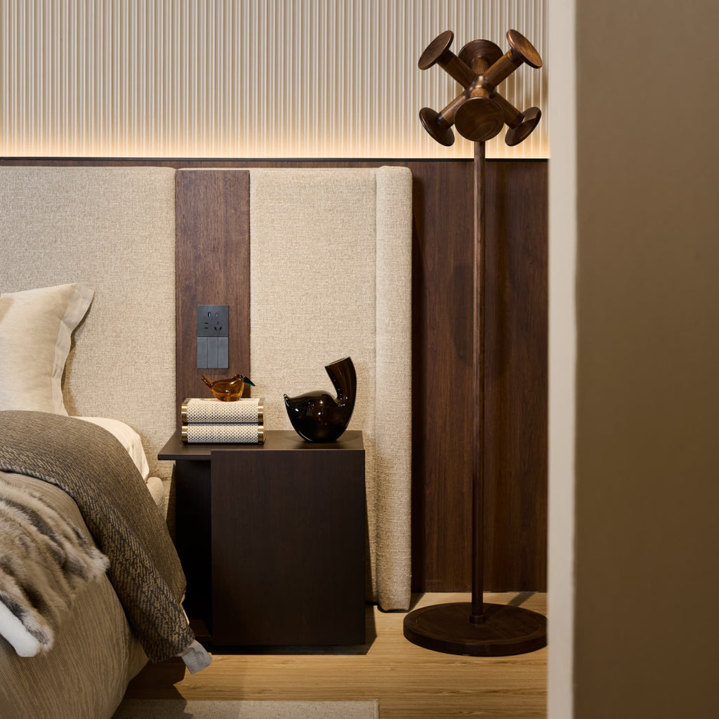 Solid North American Walnut coat hanger stand detail shot