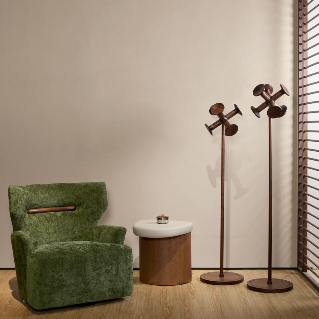Elegant sculptural walnut garment stand crafted from premium walnut wood