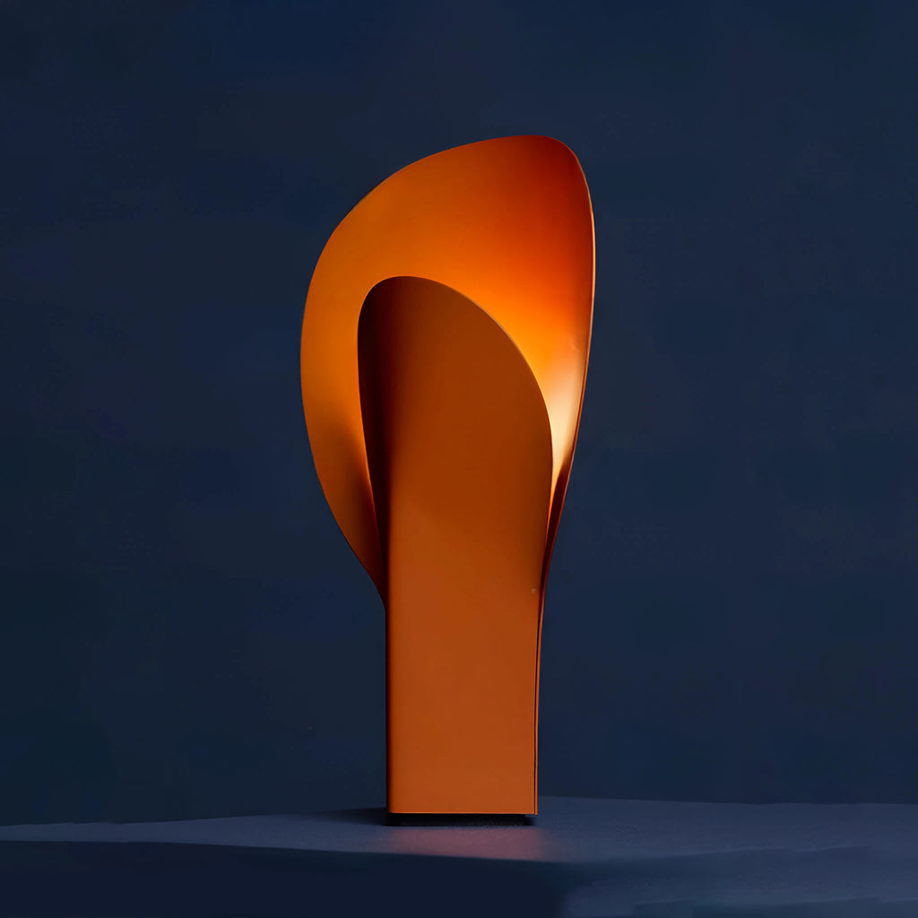 Side view of designer lamp, unique curved structure, warm ambient lighting, steel matte in vibrant orange.