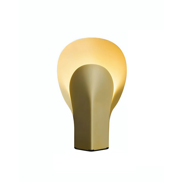 Modern sculptural wall lamp in matte steel and gold finish.