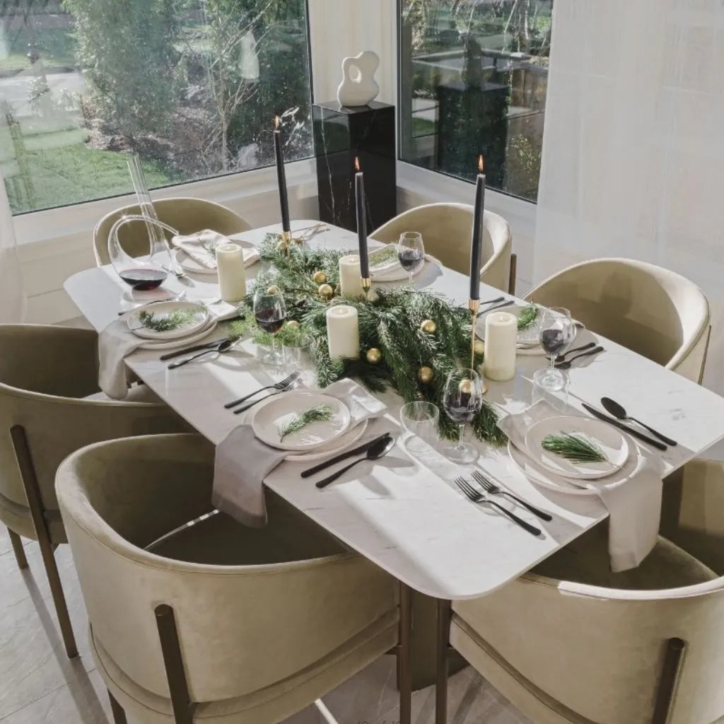 Opal Dining Armchair Antique Brushed Brass Linen Fabric Dining Set up