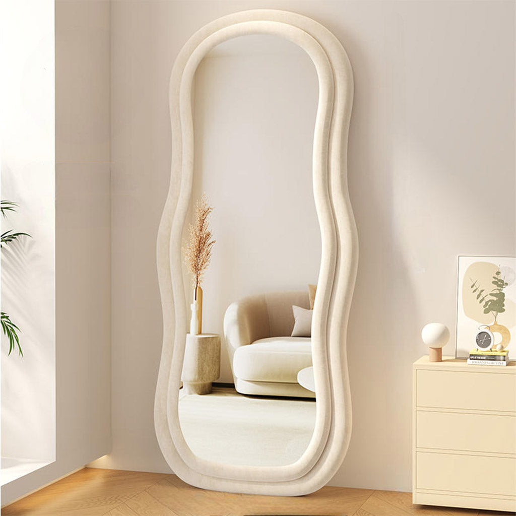 Ophelia Standing Mirror Upholstered Velvet Frame Cream White Bedroom