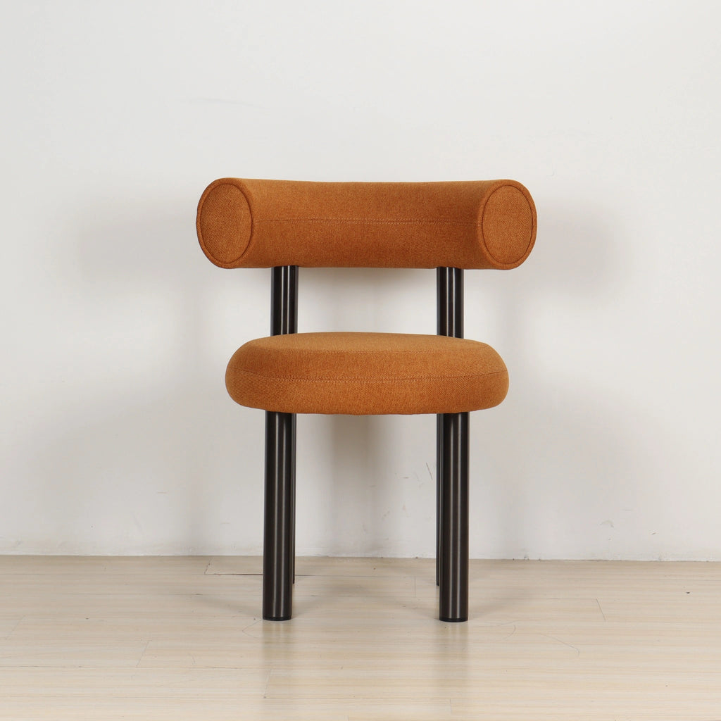 ROLO dining chair in caramel linen, front view showing the rounded seat and rolled backrest.