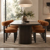 ROLO dining chairs in caramel linen pulled up to a dining table