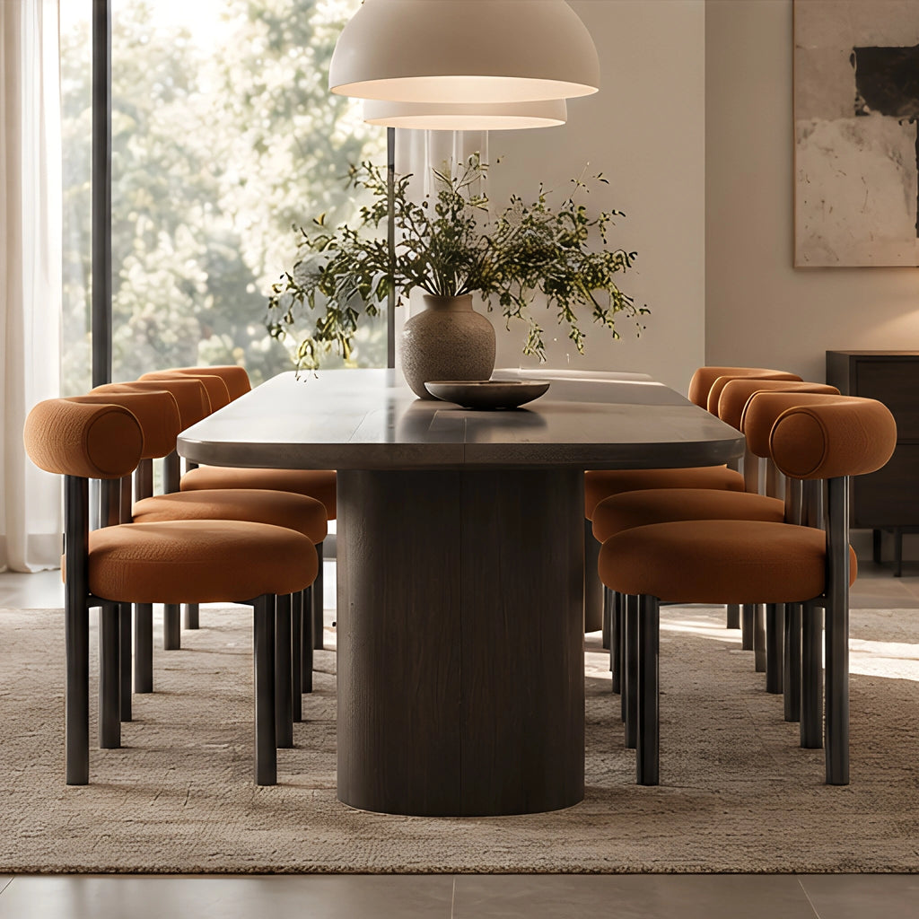 ROLO dining chairs in caramel linen pulled up to a dining table