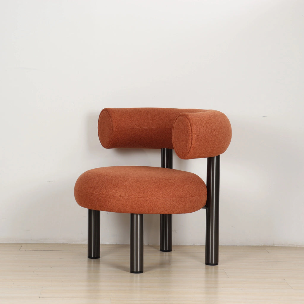 ROLO Lounge Chair Caramel rounded upholstered seat sculptural rolled backrest