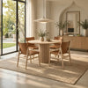 RONAN 100cm round pedestal dining table with four MYLO brown leather dining chairs