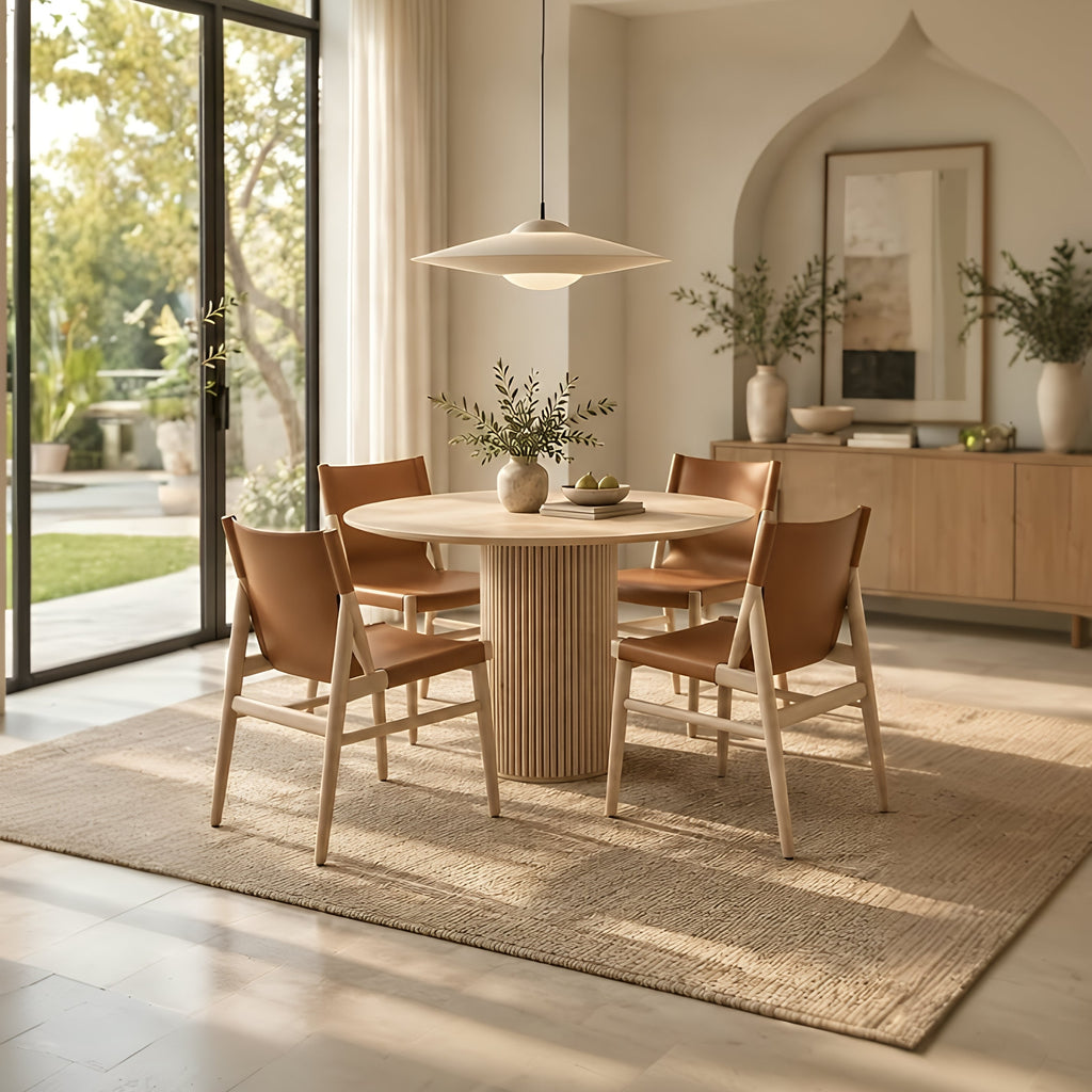RONAN 100cm round pedestal dining table with four MYLO brown leather dining chairs