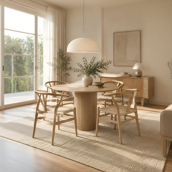 RONAN and FISKBEIN four-seater wooden dining set in a bright Scandinavian-style dining room.