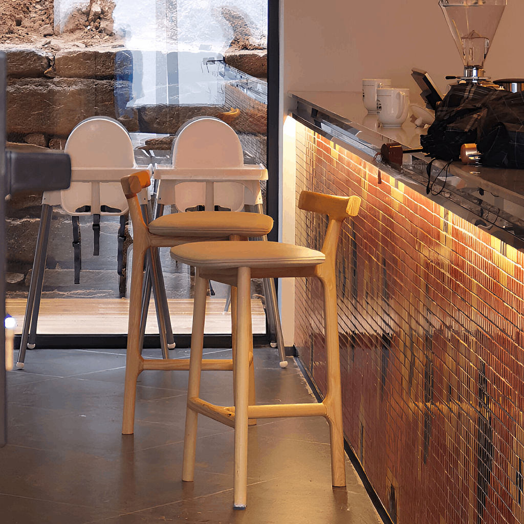 SPRUCE Kitchen Counter Barstool in Solid Ash Wood and Linen Upholstery Fabric Seat