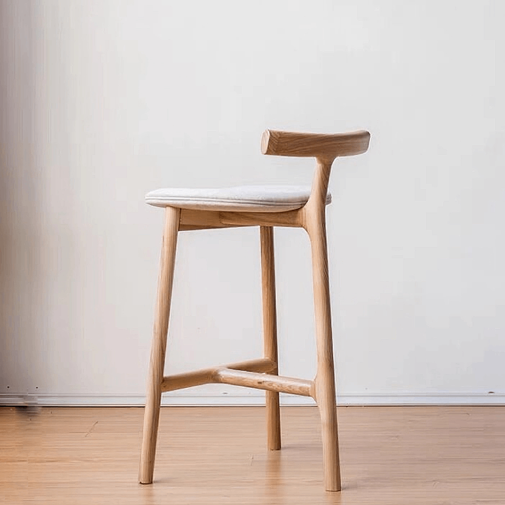 SPRUCE Counter Barstool in Solid Ash Wood and Linen Upholstery Fabric Seat