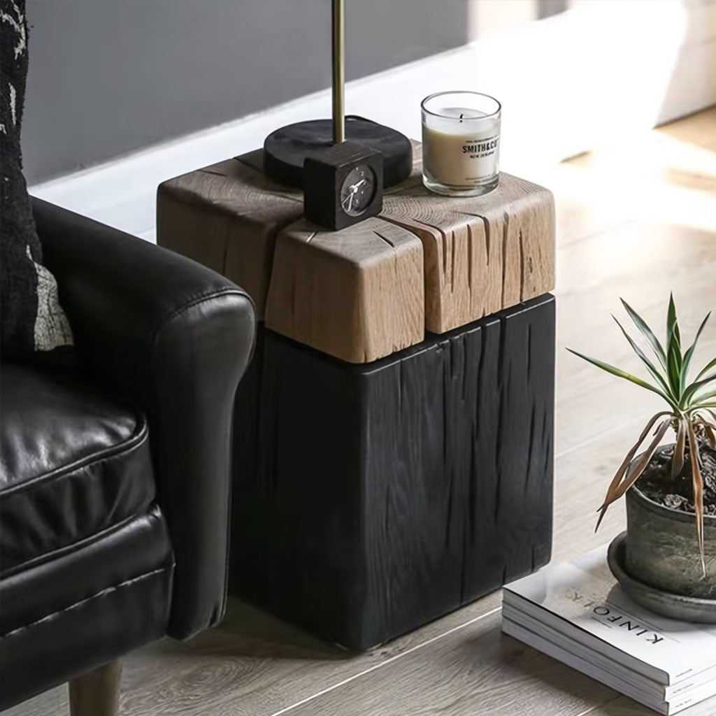 Contemporary Wooden Block Side Table in Oak and Black Finish