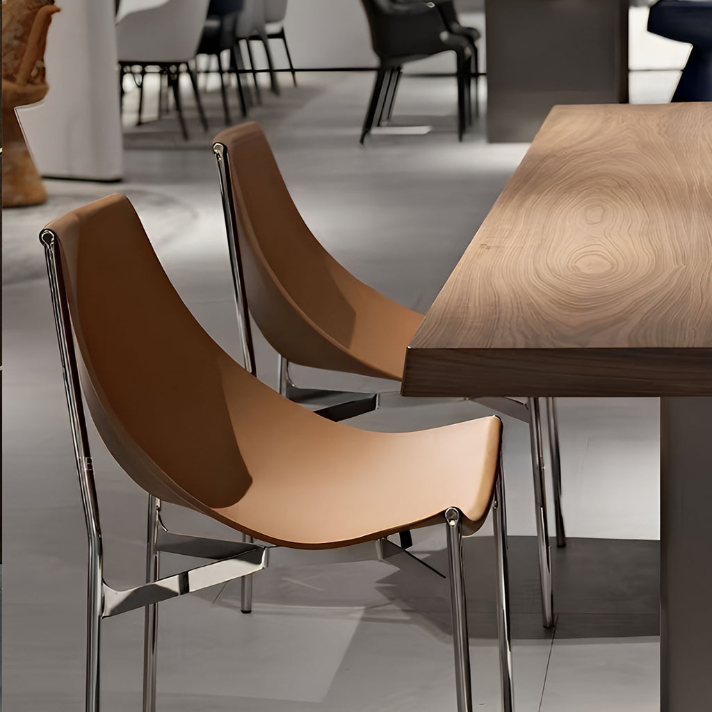 Stride-Dining Chair Chrome Leg Saddle Leather Curved Brown