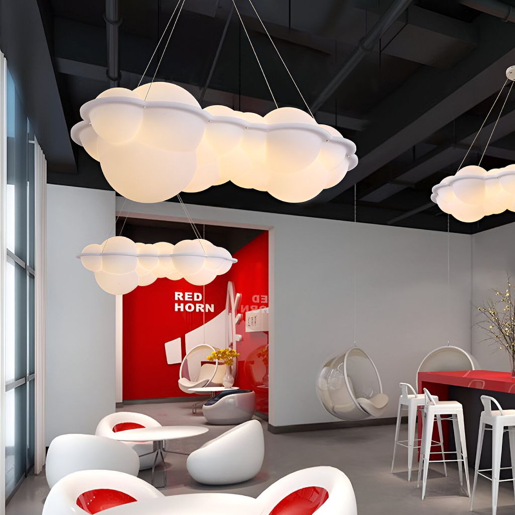 Sunderbans Pendant Light White Cloud Shape Minimal Sleek Design Gallery Display Waiting Lounge Area