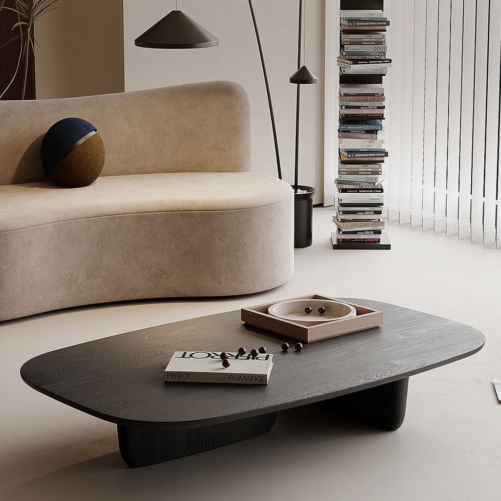 Contemporary Solid Wood Coffee Table Black Living Room Asymmetrical Leg