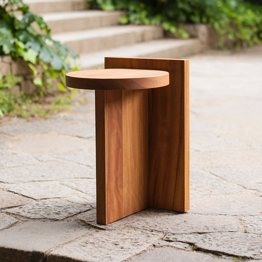 Wooden Side Table Walnut With Round Top and T-Shape Design