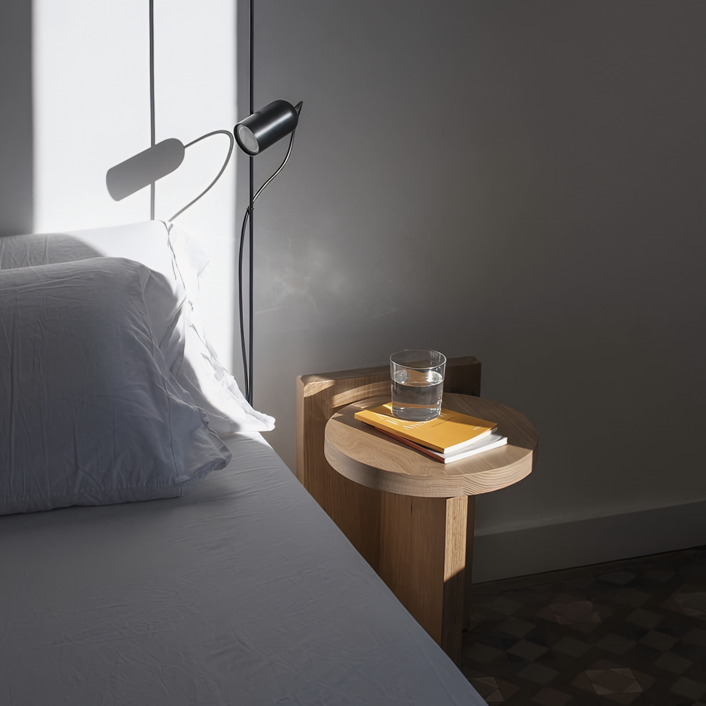 Compact wooden bedside table with modern design