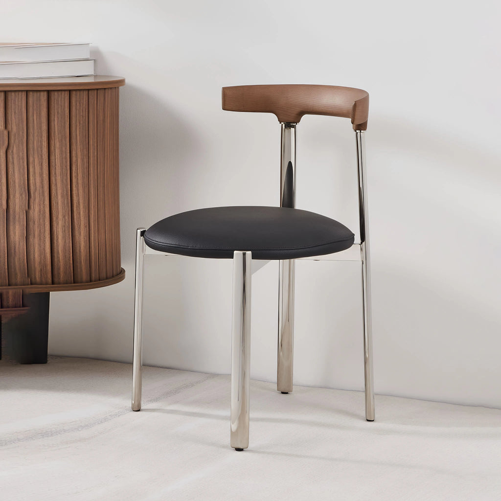 Travo Dining Chair Black Genuine Leather Sculpted solid ash wood backrest