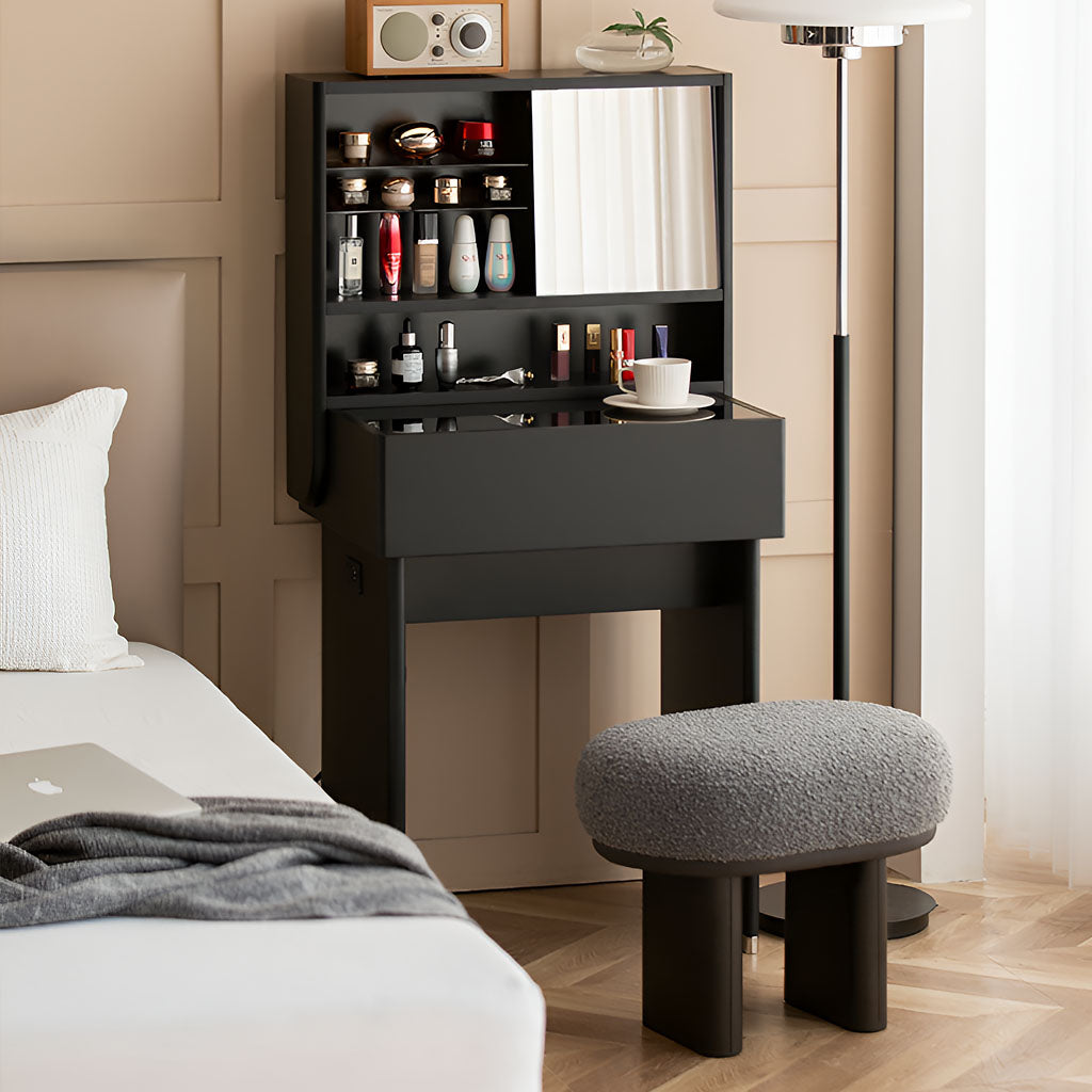 Stylish bouclé dressing stool with oval seating and sturdy metal legs. Contemporary furniture.