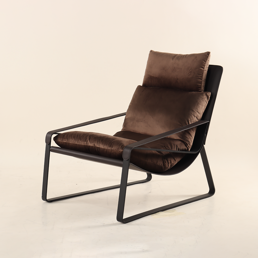 Verona Lounge Chair Steel Frame Leather Backing Plush Velvet Textured Upholstery Stylish Lounges Tactile Seating Minimalist Silhouette