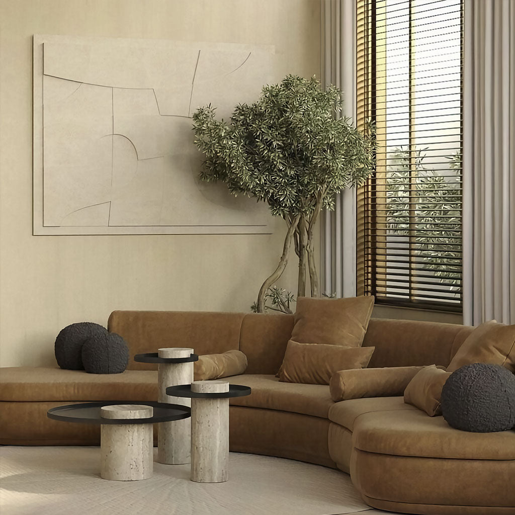Cylindrical Travertine Base and Circular Steel Tray Top Coffee Table Nest in Living Room