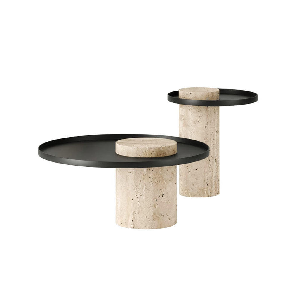 Cylindrical Travertine Base and Circular Tray Top Coffee Table Nest