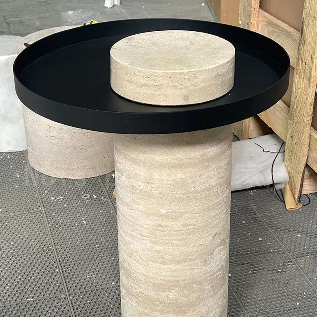 Cylindrical Travertine Base and Circular Steel Tray Top Nighstand Table Close-up Shot