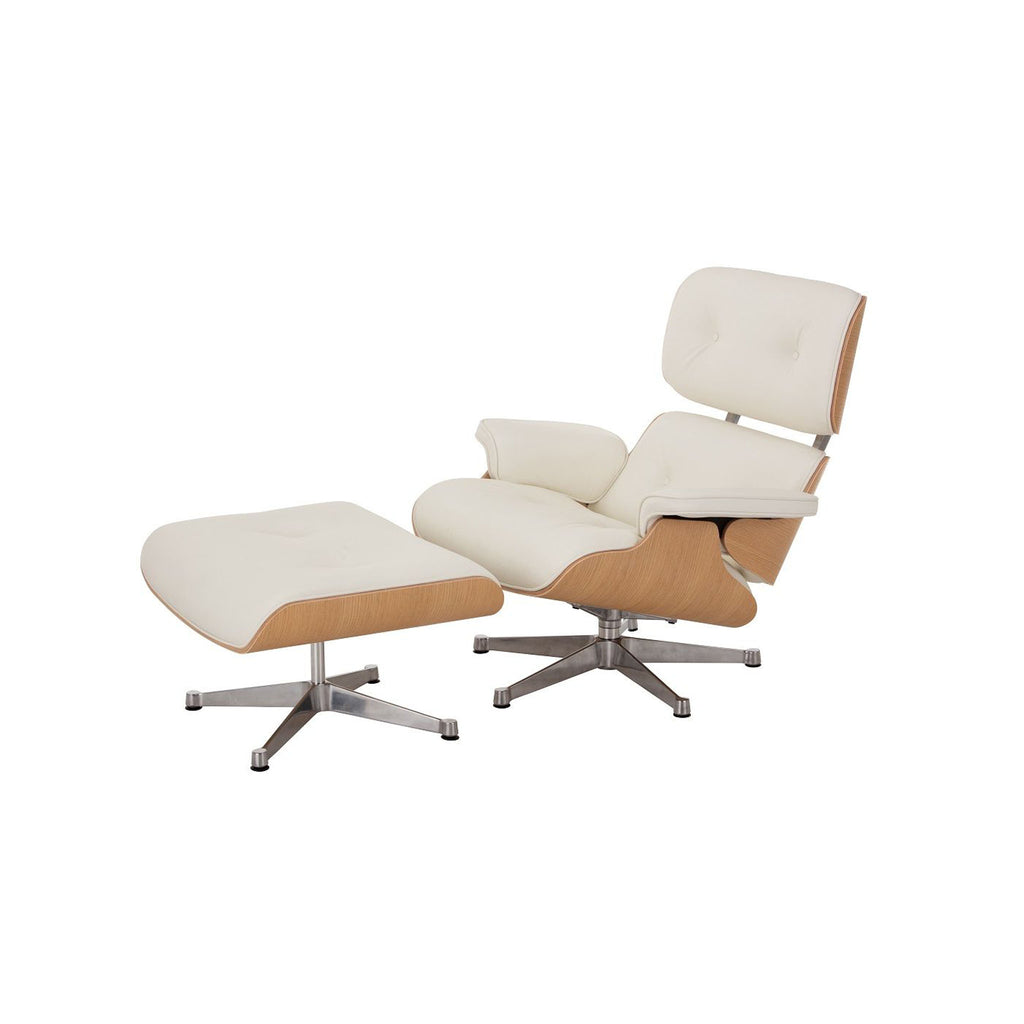Eames Lounge Chair And Ottoman crafted in beech wood and genuine leather. Ash and White.